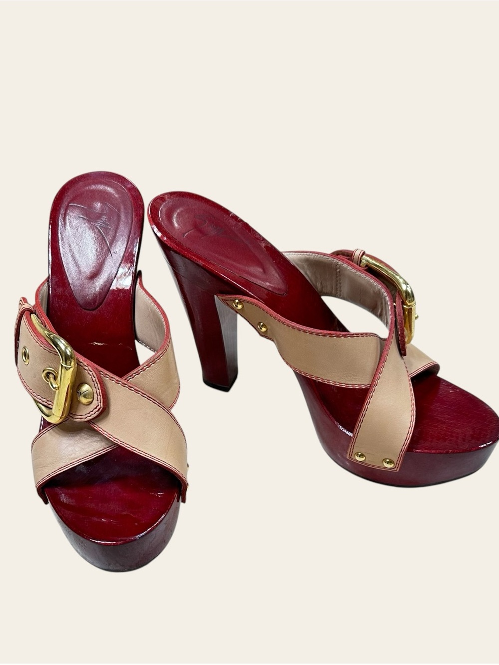 GIUSEPPE ZANOTTI Two-Tone Red and Beige High Heel Slide Sandals Size 38.5